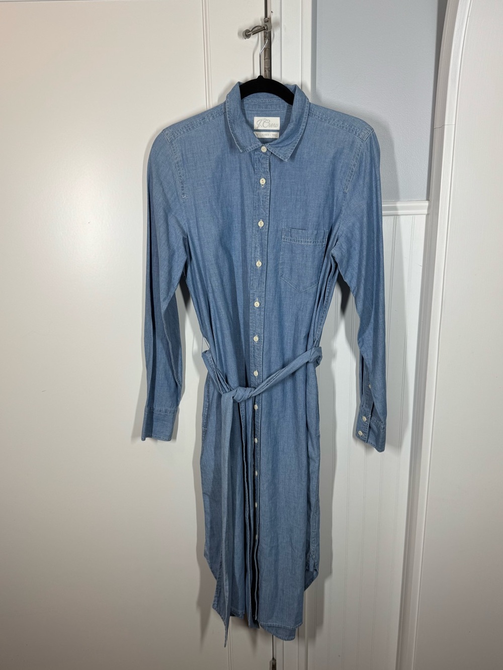 J. Crew chambray denim Blue belted midi Shirt Dress size small tall fall classic